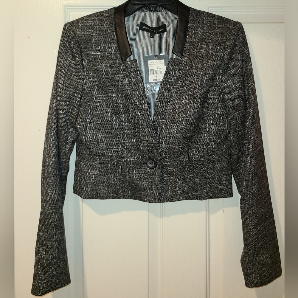NANETTE LEPORE LEATHER COLLAR  COVER TO COVER CROP JACKET  CHARCOAL $400